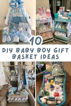 various baby gift baskets with the words, 10 diy baby boy gift basket ideas