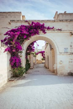 an archway with purple flowers growing on it