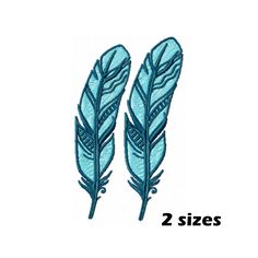 two blue feathers with the words 2 sizes in front of it and an arrow at the bottom