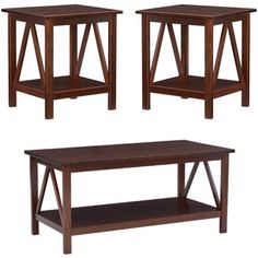 three wooden tables sitting next to each other