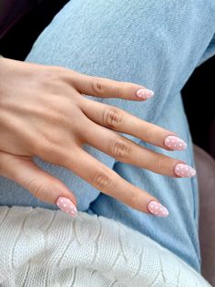 polka dot nail inspo Pastel Nail Ideas Spring, Pink Polka Dot Nails Acrylic, Pink With Polka Dots Nails, White Pokadot Nails Acrylic, Small Polka Dot Nails, Easy Pink Nail Ideas, Light Pink Nails With Red Polka Dots, Polka Dot Heart Nails, Polka Dot French Tip Nails Almond