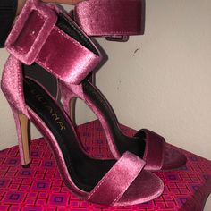 Never Worn, Ankle Strap Velvet Heel Purple Open Toe Sandals For Night Out, Purple Ankle Strap Heels For Night Out, Purple Synthetic Heels For Evening, Chic Purple Heels For Night Out, Chic Purple Heels For A Night Out, Purple Synthetic Evening Heels, Purple Pointed Toe Sandals For Night Out, Pink Ankle Strap Heels With Buckle, Pink Ankle Strap Heels With Buckle Closure