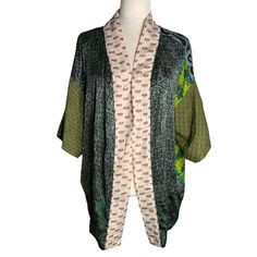 Silk Open Front Short Kimono One Size Multicolored Floral Patchwork CardiganExcellent conditionNo size tag, fits small - XLChest: 28" laying flatSleeves: 17" from the collar Length: 28" shoulder to hem100% SilkMade in India Multicolor Patchwork Kimono For Spring, Multicolor Long One-size Kimono, Festival Green Kimono With Patchwork, Festival Kimono With Green Patchwork, Bohemian Multicolor Silk Kimono, Casual Multicolor Patchwork Kimono, Multicolor Summer Cardigan With Kimono Sleeves, Multicolor Long Patchwork Cardigan, Multicolor Patchwork Kimono With Kimono Sleeves