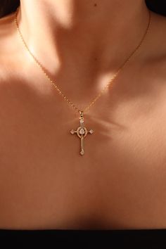 14K Real Gold Plated Heavenly Cross Necklace Cubic Zirconia Cross Necklace With Diamond Cut, Cross Necklace With Diamond Cut Cubic Zirconia, Cubic Zirconia Cross Necklace For Anniversary, Gold Diamond Rhinestone Necklace As Gift, Gift Diamond Necklace With Cross Pendant, Gold Plated Diamond Necklace With Accents As Gift, Diamond Rhinestone Necklace As Gift, Formal Cross Necklace With Cubic Zirconia, Formal Cross Necklace In Cubic Zirconia