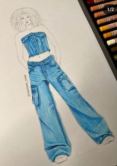 a drawing of a woman's jean pants and cropped top, with crayons in the background