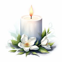 a white candle with flowers and leaves around it