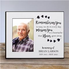 an old man's memorial photo frame with the words, remembrances and hearts