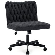 an office chair with wheels and black fabric upholstered on the back, viewed from the front