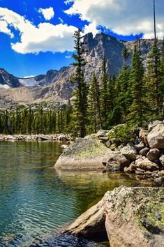 a mountain lake surrounded by trees and rocks