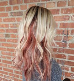 Fall Blonde Hair With Red, Red With Blonde Highlights Peekaboo, Blonde With Colored Peekaboo, Blonde Ideas For Fall, Blonde With Red Peekaboo Highlights, Platinum Blonde With Copper Underneath, Blond Hair With Underneath Color, Blond Hair With Dyed Tips, Blonde With Fun Colors Underneath