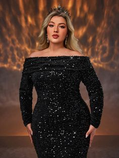 Plus Size Women's Elegant Romantic Luxury Sequin Black Off-The-Shoulder Long Sleeve Mermaid Hem With Train Heavy Evening  Gown Black Glamorous  Long Sleeve Sequins Plain,All Over Print Bodycon Medium Stretch  Weddings & Events, size features are:Bust: ,Length: ,Sleeve Length: Minimalist Fashion Dresses, Evening Gowns Plus Size, Evening Gown Black, Dress For Wedding Guest, Graduation Dinner, Gowns Plus Size, Romantic Luxury, Bodycon Evening Dress, Elegant Ball Gowns