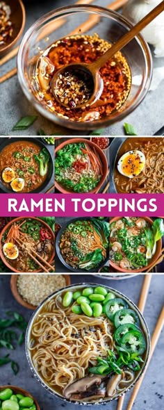 ramen toppings in bowls with chopsticks on the side, including noodles and vegetables