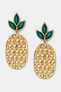 These pineapple motif earrings create an elevated fun look featuring sparkling cz stones with a vibrant green touch. Perfect for vacation or adding a Dolce Vita vibe to any outfit. Modern Love, Brass Gold, Vibrant Green, Gold Drop Earrings, Bride Bridal, Fine Jewellery Earrings, Cz Stone, Earring Necklace, Anklets