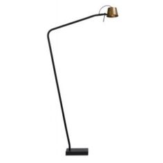 a black and gold floor lamp on a white background, with the light turned off