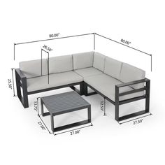 an outdoor sectional sofa and coffee table with measurements