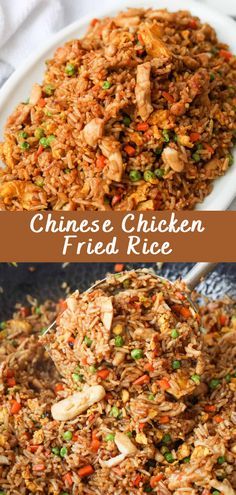 chicken fried rice in a white bowl with chopsticks on the side and an image of