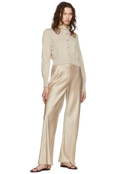 Beige Bias-Cut Lounge Pants by Silk Laundry on Sale Elegant Satin Pants For Loungewear, Chic Silk Pants For Daywear, Elegant Silk Wide Leg Pants With Elastic Waistband, Chic Beige Silk Bottoms, Silk Wide-leg Daywear Pants, Silk Wide-leg Pants For Daywear, Elegant Wide Leg Pants For Loungewear, Elegant Viscose Pants For Daywear, Elegant Solid Wide Leg Pants For Loungewear