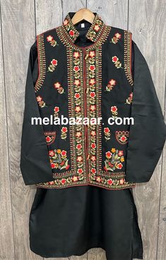 Men's black kurta with colorful embroidered jacket koti for men. Festive Black Bandhgala With Floral Embroidery, Traditional Black Cotton Nehru Jacket, Traditional Black Sherwani With Floral Embroidery, Traditional Black Cotton Bandhgala, Black Embroidered Cotton Sherwani, Traditional Black Outerwear With Chikankari Embroidery, Traditional Black Cotton Sherwani, Black Festive Winter Kurta, Eid Embroidered Cotton Outerwear