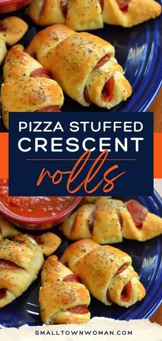 pizza stuffed crescent rolls with pepperoni and cheese on them, served in blue plates