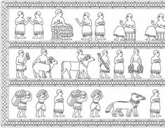 an egyptian scene with people and animals in the style of ancient greek art, vintage line drawing or engraving illustration