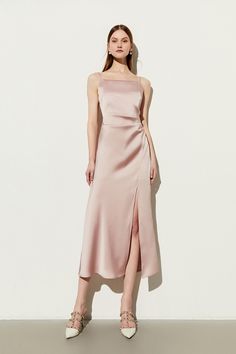 Fibflx Women's Square Neck Pink Slip Dress with Side Slit Light Pink Elegant Dress, Pink Elegant Dress, Elegant Slip Dress, Light Pink Maxi Dress, Pink Slip Dress, Black Backless Dress, Serenity Blue, Tank Top Skirt, Silk Knit