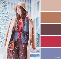 a woman in brown coat and hat standing on snow covered ground with color swatches