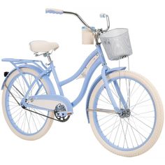 a blue and white bicycle is shown against a white background with the basket on it's front wheel