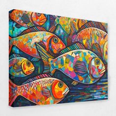 colorful fish painting on canvas mounted on wall