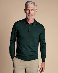 Merino Polo Jumper - Forest Green | Men's Charles Tyrwhitt Merino Polo Shirt Sweater - Forest Green Size Large Wool Green Christmas Outfit Men, Green Sweater Outfit Men, Realtor Fits, Emerald Green Outfit, Modest Street Fashion, Wedding Guest Outfit Inspiration, Beige Hose, Street Fashion Inspiration, Charles Tyrwhitt Shirt