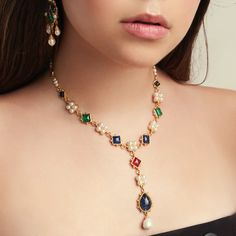 Cavill Pearl + Colored Stone Necklace | Ben-Amun Jewelry Beachy Necklace, Y Necklace, Colored Stone, Classic Gold, Spring Trends, Hair Ornaments, Bridal Shop, Bridal Necklace, Charm Gift