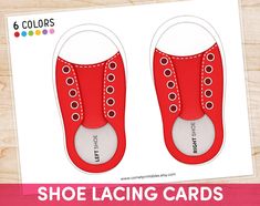 a pair of red shoes with the words shoe lacing cards