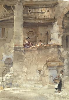 a painting of people sitting on the ledges of an old building with crumbling walls