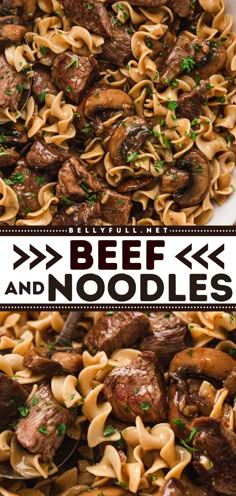 beef and noodle dish in a white bowl with the title overlay above it