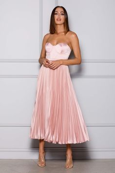 Satin Gala Dress With Accordion Pleats, Gala Evening Dress With Accordion Pleats And Fitted Bodice, Strapless Pleated Wedding Dresses, Strapless Bridesmaid Dress With Pleated Bodice, Sleeveless Pleated Evening Dress For Prom, Sleeveless Pleated Prom Evening Dress, Strapless Pleated Bodice Bridesmaid Dress, Strapless Evening Dress With Pleated Bodice For Bridesmaids, Strapless Bridesmaid Evening Dress With Pleated Bodice