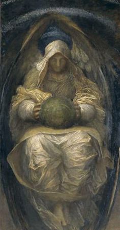 a painting of an angel holding a green ball