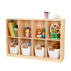 a wooden shelf filled with lots of toys