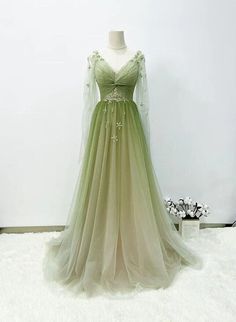 Any things please feel free to contact us: sales@cutedressy.com ******* Product Details******* Product Number:#SP9F Fabric: Tulle Color: Green Neckline: V-neckline Back Style: Lace-up Hemline: Floor Length Making time: 2-3 weeks, Shipping time: 3-5 working days. Custom size/color, Rush Order is available, and no extra Party Dress Green, Flower Prom Dress, Green Formal Dresses, Tulle Party Dress, Green Tulle, Green Prom, Prom Dress Ideas, Green Gradient, Floor Length Prom Dresses