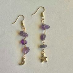 Celestial Moon & Star Healing Crystal Earrings - Amethyst Crystal Crescent Moon Sparkly Gold Earrings - Spiritual Jewelry - Dangly Drop Earrings - An Amethyst Crystal Is A Natural Stress Reliever That Encourages Inner Strength And Peace. Amethyst Stimulates The Crown Chakra And Is An Aid In Meditation, Helping You To Calm Your Thoughts. Energy Wise, An Amethyst Crystal Has Very Powerful Purifying, Healing And Transforming Properties. - Bundle And Save! I Accept Most Offers :) Boho, Bohemian, Rei Home Made Crystal Jewelry, Crystal Jewelry Business, Celestial Purple Dangle Earrings, Purple Celestial Dangle Earrings, Handmade Purple Celestial Earrings, Adjustable Purple Dangle Crystal Earrings, Purple Metal Dangle Crystal Earrings, Purple Dangle Crystal Earrings, Urban Outfitters Jewelry Gift