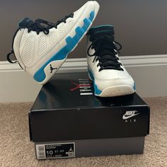 Air Jordan 9 Retro In Summit White, Black, Powder Blue. Men’s Size 10. My 12-Year-Old Wore These 10 To 12 Times Before He Outgrew Them. In Great Condition With Minimal Signs Of Wear. From Smoke-Free And Pet Free Home. Air Jordan 9 Retro, Jordan 9 Retro, Air Jordan 9, Jordan 9, Shoes Air, Jordans For Men, Retro Color, Powder Blue, Jordan Shoes