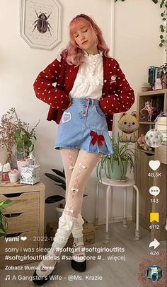 Cute Outfits Harajuku, Sky Blue And Red Outfit, Strawberry Themed Outfit Aesthetic, Wine Aunt Aesthetic Outfit, Heart Outfits Aesthetic, Strawberry Fashion Aesthetic, Bright Skirt Outfits, Red Girly Outfit, Soft Lovecore Aesthetic Outfits