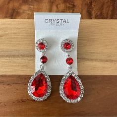 Brand New With Tags Material: Zinc Alloy + Rhinestone Weight: 0.7 Ounces Length: 5cm Longest Width: 2cm Red Crystal Earrings For Wedding, Red Rhinestone Wedding Jewelry, Red Rhinestone Earrings For Formal Occasions, Crystal Wedding Earrings For Valentine's Day, Formal Red Rhinestone Earrings, Red Teardrop Crystal Earrings For Wedding, Red Ruby Bridal Earrings For Wedding, Red Crystal Formal Earrings, Red Crystal Drop Earrings For Wedding