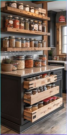 a kitchen with lots of drawers and shelves filled with food on top of wooden pallets