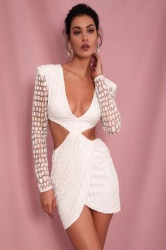 Cut Out Glitter Slim Fit Mini Dress - White - TGC Boutique Fitted Party Dress, Dress Tea Length, Dress Peplum, Princess Silhouette, Off The Shoulder Maxi Dress, Dress Shirt Dress, Glitter Slime, Dress Blazer, Dress Empire Waist