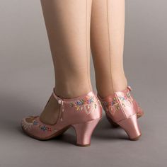 American Duchess: PRE-ORDER Daisy Women's Embroidered T-Straps (Pink) Bata Shoes, 1920s Shoes, American Duchess, T Strap Shoes, Jeweled Shoes, T Strap Heels, Fabric Shoes, Botanical Design, Cool Shoes