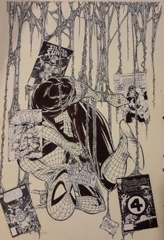 a drawing of spider - man in the woods surrounded by comic books and other items