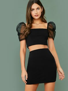 Black Elegant Collar Short Sleeve Woven Fabric,Woven Fabric Plain  Embellished Slight Stretch Summer Women Clothing Crop Top Skirt Set, Fashion Sketches Dresses, Puff Sleeve Crop Top, Top Skirt Set, Crop Top Skirt, Looks Chic, Girls Fashion Clothes, Mode Vintage