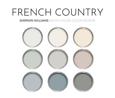 This listing is for an French Country color scheme, created with Sherwin Williams paint colors and featuring many best-selling colors. I have carefully selected a range of 9 colors for this palette, and included options for walls, trim, furniture, cabinets and doors. Sherwin Williams has hundreds of paint colors, each with their own unique undertones. This can make choosing the right paint colors hard. The colors in this collection were carefully selected to coordinate with ea Light Farmhouse Paint Colors, French Country Color Schemes, Colors For Bedroom Walls, Country Color Scheme, Van Courtland Blue, French Country Paint Colors, Country Paint Colors, French Country Color Palette, Whole House Color Scheme