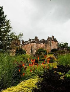 an old castle surrounded by lush green grass and flowers in the foreground, on a cloudy day