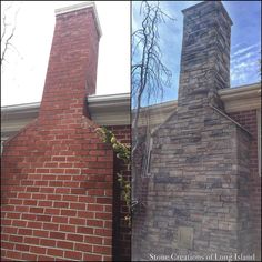 two brick chimneys side by side with trees in the background