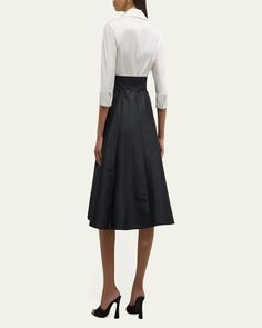 Rickie Freeman for Teri Jon twotone taffeta shirtdress. Spread collar; concealed button front. Threequarter sleeves; button cuffs. Bow accent at waist. Side slip pockets. Aline silhouette. Midi length hem. Polyester. Imported. Elegant Pleated Shirt Dress For Casual Occasions, Elegant Casual Pleated Shirt Dress, Elegant A-line Shirt Dress With Button Cuffs, Elegant Pleated Shirt Dress For Formal Occasions, Work Dresses With Button Cuffs And 3/4 Sleeves, Elegant Formal Shirt Dress With Pleated Waist, Elegant Formal Satin Shirt Dress, Elegant Midi Shirt Dress With Cuffed Sleeves, Elegant Midi Length Shirt Dress With Cuffed Sleeves